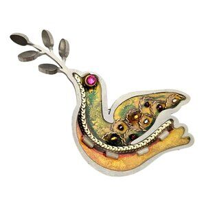 Seeka Dove Brooch, Pink Eye, Yellow Green Pin